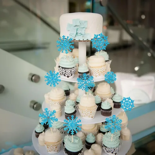 Miniatura 8 de 24 piezas de adornos para cupcakes de copo de nieve, copo de nieve azul con purpurina, adornos para cupcakes de invierno, adornos para pasteles