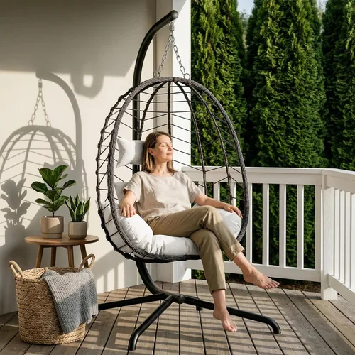 Miniatura 8 de LEX CRAFT Silla colgante de huevo con soporte, silla de huevo oscilante para exteriores e interiores, silla colgante con cojín, silla hamaca