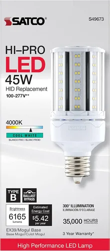 Miniatura 5 de Satco S49673 - Bombilla LED HID de mazorca de maíz, base extendida Mogul, 45 W, clasificación de 35000 horas, 6165 L, blanco frío