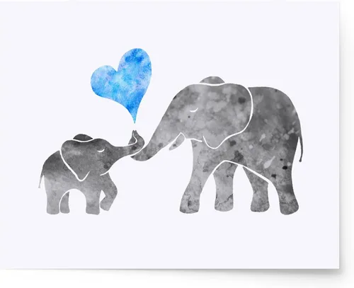 ZLKAPT Pintura de acuarela gris para bebé, niño, elefante con mamá, arte de pared, diseño de corazón de amor azul, linda imagen para decoración de