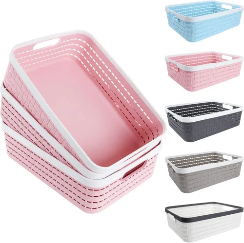 Miniatura 8 de CertBuy Paquete de 3 cestas de almacenamiento de plástico de 14 x 10 x 4.5 pulgadas, contenedores de almacenamiento grandes de tejido con asa