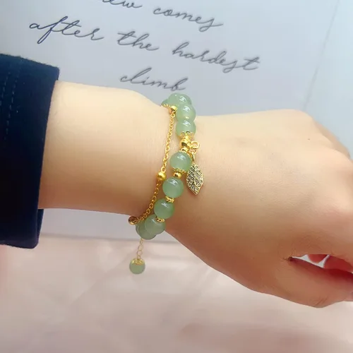 Miniatura 5 de CJIAYUJEW Hotan - Pulsera de hoja de jade natural de 2 capas de nefrita verde para mujer, diseño de cuentas redondas con dije de hoja de circón