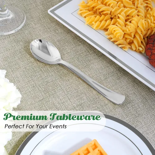 Miniatura 4 de FOCUSLINE Paquete de 300 cucharas desechables de plástico plateado de 6.8 pulgadas, cucharas de plástico sólido y duradero, cubiertos desechables