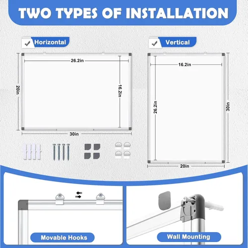 Miniatura 2 de Pizarra blanca de doble cara, borrado en seco de 20 x 30 pulgadas para pared con marco de aluminio plateado, pizarra blanca magnética para oficina