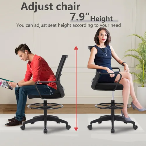 Miniatura 4 de BestOffice Silla de dibujo alta silla de oficina ajustable giratoria de malla con soporte lumbar, brazos reposapiés, respaldo medio para adultos