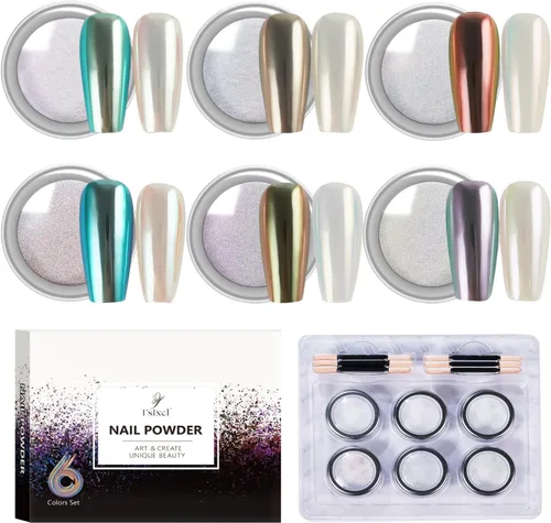 Polvo de uñas cromado iridiscente efecto aurora perla luz de luna pigmento blanco polvo decoración de uñas, juego de 6 colores 0.02 oz/tarro