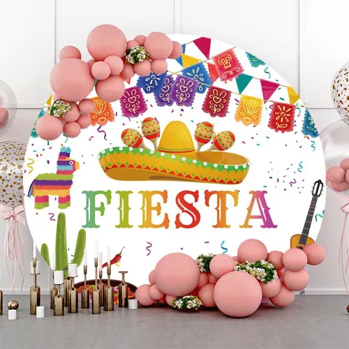 AOFOTO Telón de fondo redondo con temática de fiesta mexicana de 3 x 3 pies para fotografía, carnaval del Cinco de Mayo, banderas coloridas,