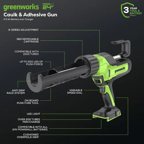 Miniatura 2 de Greenworks Pistola de calafateo y adhesivo inalámbrica de 24 V de 10 onzas, antigoteo de 6 velocidades con batería USB de 2 Ah y cargador de 2 A