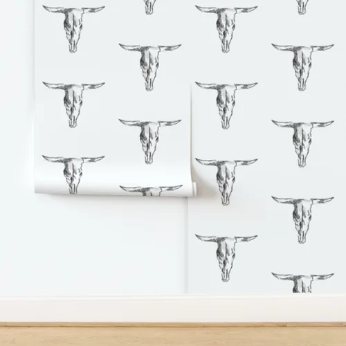 Miniatura 4 de Papel tapiz para despegar y pegar, diseño de vaca cráneo de toro, blanco y negro, vaquero occidental, rústico, extraíble, por Spoonflower