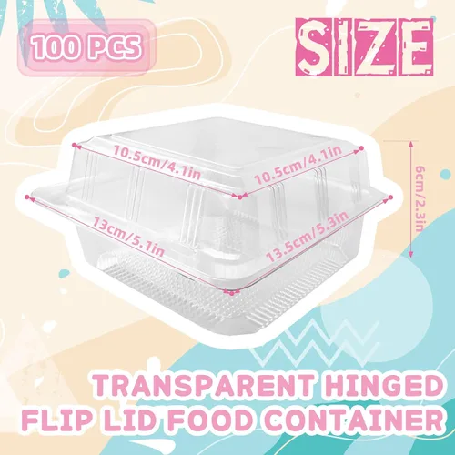 Miniatura 2 de Haawooky 100 Piezas Recipientes de Comida Cuadrados de Plástico Transparente con Bisagras, Bandeja Desechable tipo Concha para Rebanadas de Pastel
