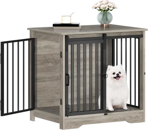 Miniatura 14 de Hzuaneri Mueble de jaula para perros de 31.9 pulgadas con puerta de granero, perrera resistente para interiores con 2 puertas, mesa auxiliar