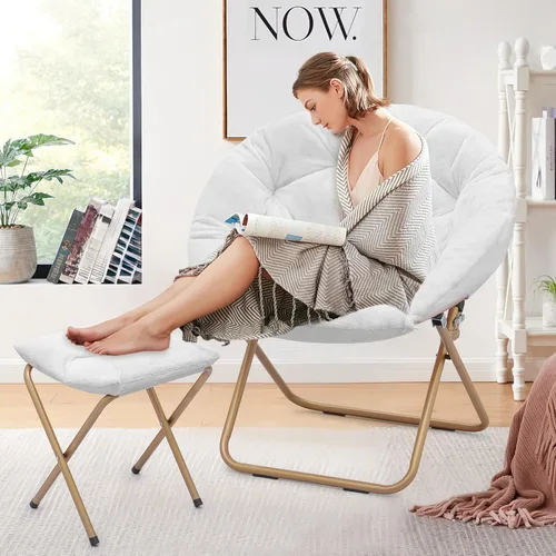 Miniatura 8 de Silla redonda y cómoda, con marco de metal, acogedora silla plegable de piel sintética para adultos, silla Papasan Moon plegable para dormitorio