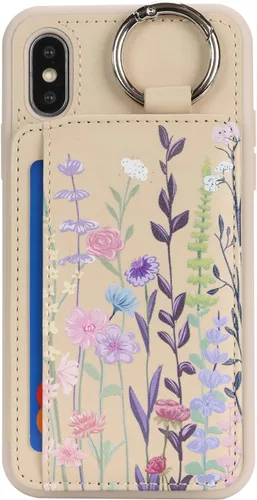 Miniatura 4 de Havaya Funda para iPhone Xs y iPhone X, cartera con tarjetero y llavero, soporte de anillo de piel sintética, diseño floral con ranuras