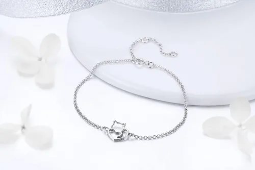 Miniatura 6 de Pulsera de cadena de plata de ley 925 con dije de corazón de amor de gato, pulseras de oro chapadas ajustables con longitud de cadena de 6.5 a 7.9