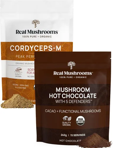 Real Mushrooms Mezcla de chocolate caliente (15 porciones) y Cordyceps (60 porciones) en polvo – Suplemento en polvo de hongos para energía,