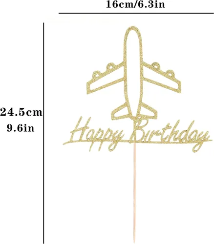 Miniatura 2 de Decoración para pastel de avión, cartón dorado con purpurina, feliz cumpleaños, decoración de pastel de fiesta temática de avión, suministros