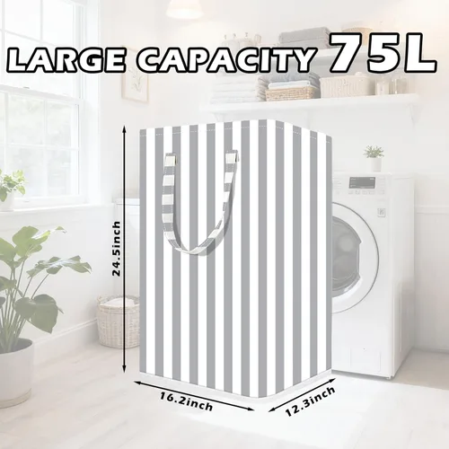 Miniatura 2 de Cesta grande para la ropa sucia, 75L impermeable, cesta plegable con asas extendidas para ropa en el dormitorio familiar (rayas verticales grises)