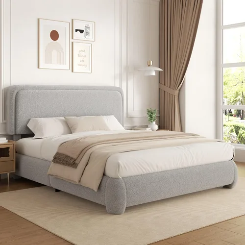 Miniatura 19 de Base de cama de tamaño Full con tapizado de bouclé, plataforma tapizada con cabecera, anticolisión con esquinas redondeadas suaves, no requiere