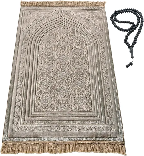 Miniatura 18 de Modefa Alfombra de oración de terciopelo de lujo con cuentas de oración, suave y elegante, alfombra musulmana turca Janamaz Sajada para hombres
