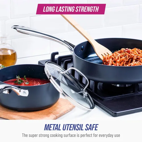 Miniatura 7 de Blue Diamond Cookware - Juego de ollas y sartenes de cerámica anodizada dura, antiadherente, 10 piezas, no tóxico, sin PFAS, apto para lavavajillas
