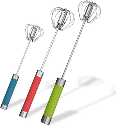 Batidor de huevo semiautomático de acero inoxidable - Batidora giratoria de empuje manual de 3 piezas (3 colores)