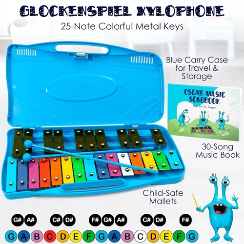 Miniatura 2 de MINIARTIS Glockenspiel Xilófono Xilófono de 25 notas con teclas metálicas coloridas para niños Instrumento musical de percusión Juguete Azul