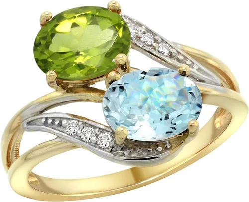 Silver City Jewelry - Anillo de oro amarillo de 14 quilates con diamantes de peridoto y aguamarina (2 piedras, ovalado, 0.315 x 0.236in), tallas 5 a