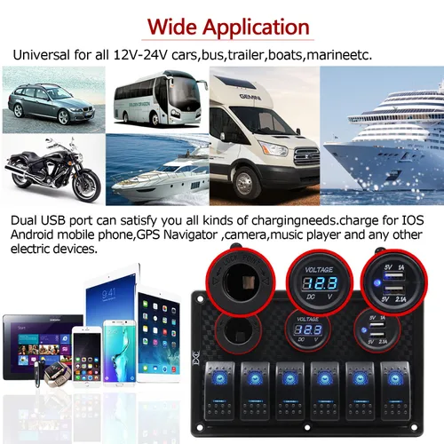 Miniatura 7 de Panel FXC impermeable, con ranura de doble puerto USB, fusibles de 4.2 A, visualización digital de voltaje, toma de encendedor y 4, 6 u 8 tipos