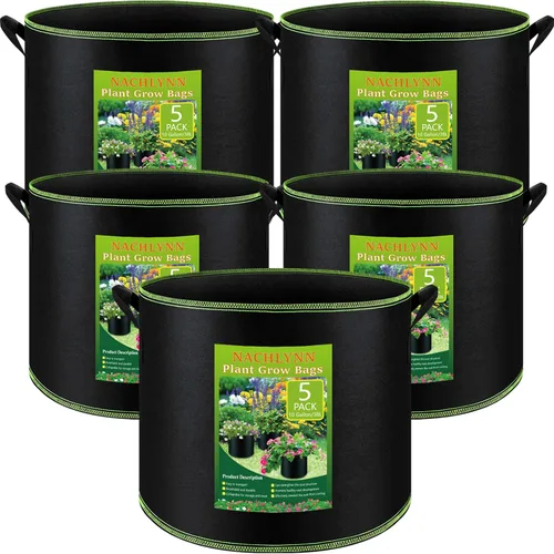 Miniatura 10 de NACHLYNN Paquete de 5 bolsas de cultivo de 5 galones, macetas de tela de aireación resistentes con asas, macetas de tela no tejida gruesa