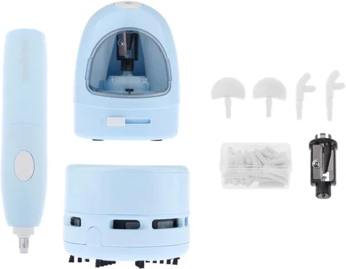 Miniatura 8 de Menolana Lápiz eléctrico, borradores electrónicos, mini escritorio, juego de aspiradora mecánica para niños, papelería, suministros de oficina, azul