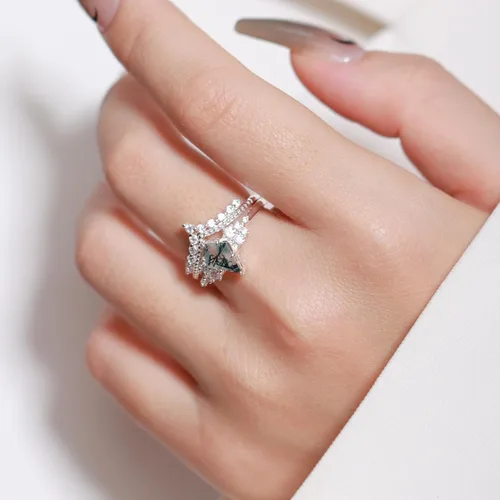 Miniatura 2 de ELMERA Anillo de compromiso para mujer, plata de ley 925, ágata musgo natural, anillo de promesa para ella, anillo de compromiso de ágata musgo