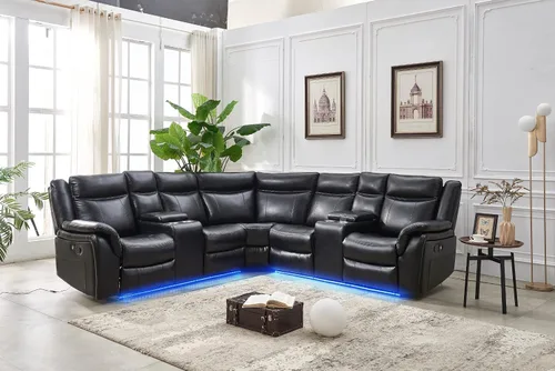 Miniatura 3 de Juego de sofá seccional reclinable manual con tiras LED, sofá esquinero reclinable de piel sintética de primera calidad con consola y portavasos