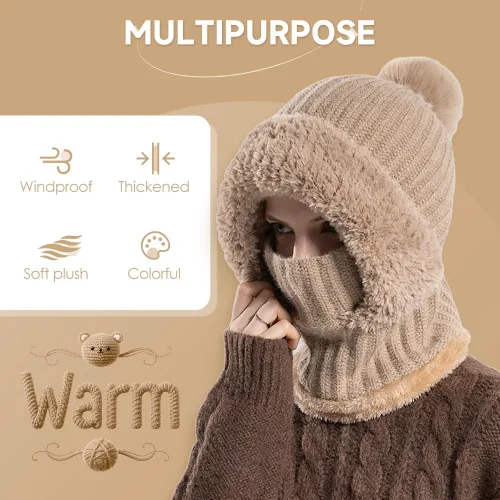 Miniatura 2 de Gorro 3 en 1 para mujer, gorro 3 en 1 con bufanda y máscara, juego de bufanda de esquí y máscara de punto cálido para otoño e invierno