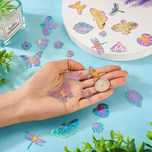 Miniatura 73 de FASHEWELRY 16 dijes de plumas de arco iris de acero inoxidable con alas de filigrana, adornos de metal de 4 colores para hacer joyas, pulseras
