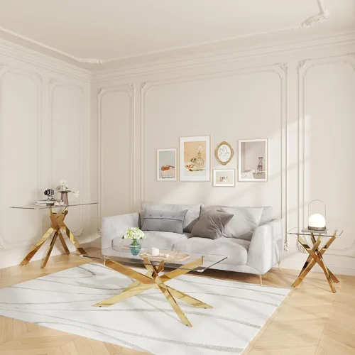 Miniatura 9 de Mesa de centro de cristal de 47 pulgadas con parte superior de vidrio templado y patas de metal dorado, mesa central rectangular moderna para sala