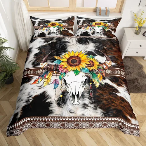 Miniatura 37 de Erosebridal Funda de edredón de piel de vaca marrón con estampado de vaca de las tierras altas, juego de ropa de cama occidental exótico azteca