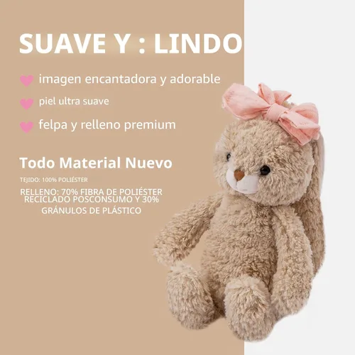Miniatura 6 de Animal de Peluche Conejito Suave Juguete Tierno de 8'' de Largo - Conejito de Peluche Marrón de Orejas Largas con Lazo Rosa Juguetes de Peluche