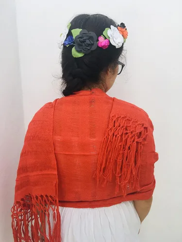 Miniatura 8 de Typical Mexican orange Rebozo 2.4 meters 95 inches (including fringes) modelo deshilado