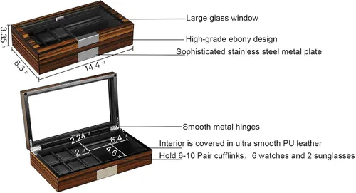 Miniatura 7 de Lifomenz Co Caja de joyería de reloj para hombre con 6 ranuras, 6 fundas de reloj, 8 pares de gemelos y lentes de sol, organizador grande de madera