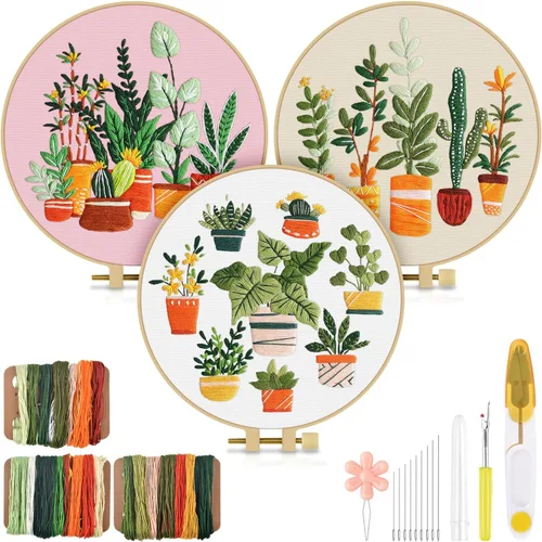 Miniatura 8 de TINDTOP 3 juegos de kit de práctica de bordado, kit de bordado de mariposas y flores para principiantes incluye tela, aros, hilos para amantes