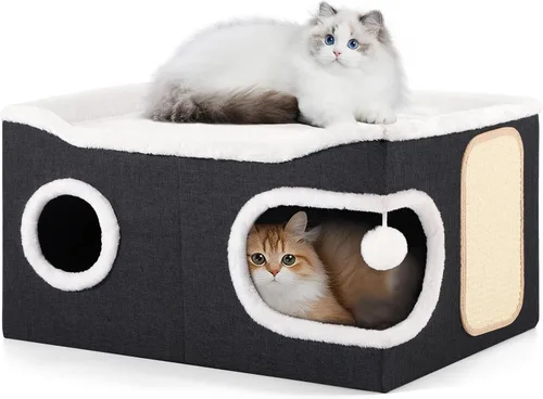 Miniatura 9 de Casa de Gato de 2 Pisos para Gatos de Interior, Separable en 2 Grandes Camas de Gato Cueva con Condominios Escondidos, Almohadillas para Rascar