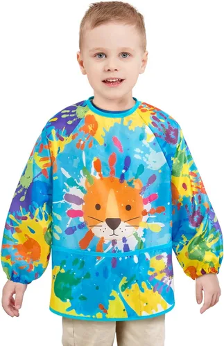 Miniatura 16 de WERNNSAI Bata de arte para niños impermeable con manga larga y 3 bolsillos de pintura