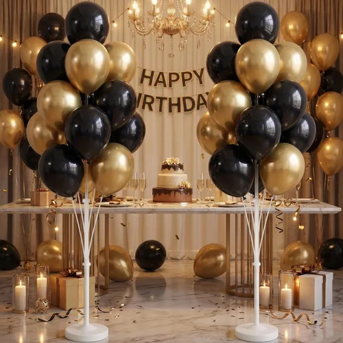 Miniatura 8 de Kit de columna de globos para piso: juego de 2 soportes para globos, con globos cromados metálicos negros y dorados, base y poste, decoración