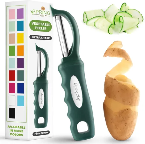 Miniatura 35 de Spring Chef Pelador de verduras giratorio profesional rojo para cocina, peladores de papas de acero inoxidable con mango de agarre suave, perfecto