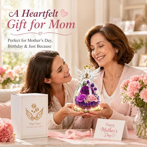 Miniatura 4 de Regalo de graduación de rosa morada para ella, regalos de cumpleaños para mujeres, rosa para siempre en flores frescas de vidrio, regalos de figura
