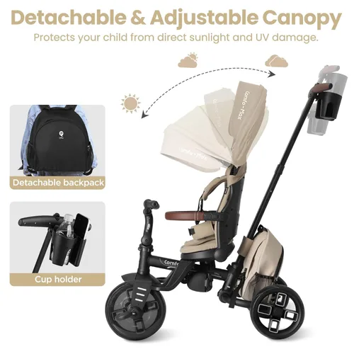 Miniatura 5 de QPlay Cochecito de bicicleta para bebés de 10 meses a 6 años de edad, cochecito plegable 8 en 1 para niños pequeños de 3 a 5 años, triciclo de Beige