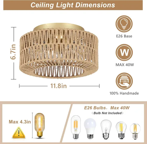Miniatura 5 de PAUFUL Lámpara bohemia de 3 luces, lámpara de techo de ratán de granja, montaje empotrado con pantalla tejida a mano, lámpara moderna para sala