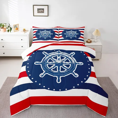 Miniatura 9 de Juego de edredón de brújula azul marino, tamaño individual, 2 piezas, diseño náutico de vela, estilo simple, para niños, adolescentes, adultos
