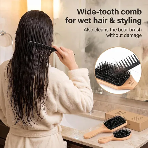 Miniatura 6 de Juego de cepillo y peine de cerdas de jabalí para mujeres, hombres y niños, el mejor cepillo de pelo de paleta de madera natural y cepillo