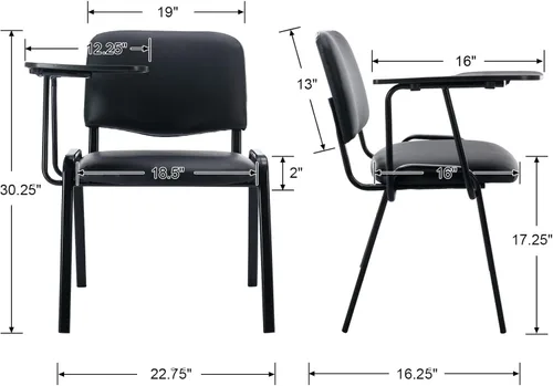 Miniatura 3 de HNY Juego de 5 sillas negras con brazo para tableta, cómodas de poliuretano, para oficina, sala de espera, apilables, sillas de recepción con mesa